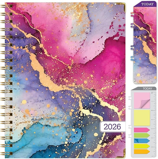 HARDCOVER 2026 Planner, 8.5"x11": 14 Months (November 2025 - December 2026), Daily Weekly Monthly Planner, Yearly Agenda, Bookmark, Pocket Folder and Sticky Note Set (Rainbow Gold Marble)