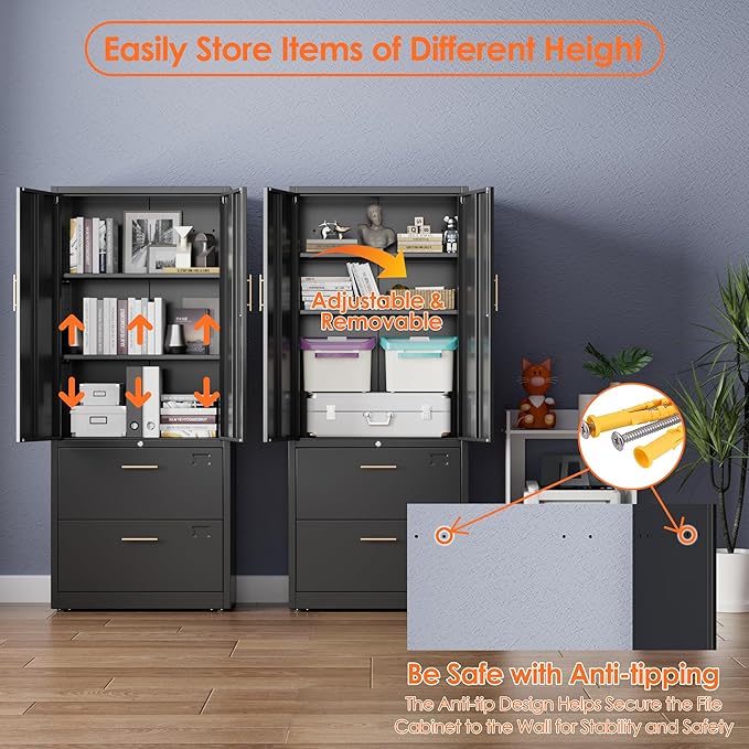 2 Drawer Lateral File Cabinet, Metal Storage Cabinet with Locking Drawers and Adjustable Shelves for Home, Office, Garage, School, Fit for A4/Letter/Legal File, Assemble Required