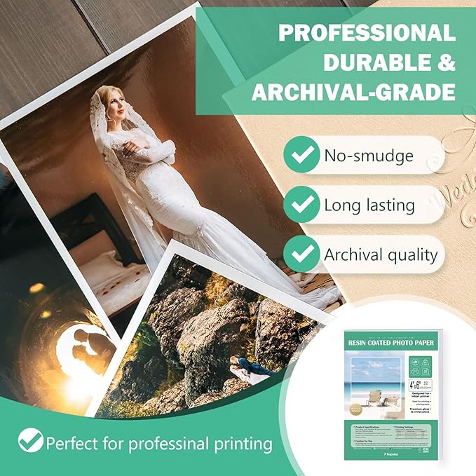 Ultra-Premium Glossy RC Photo Paper, Professional and Heavyweight Metallic Resin Coated Photo Paper, Pigment and Dye Inkjet Printer Suitable, Waterproof, 4x6, 50 Pack