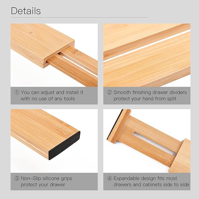 Utoplike Small Bamboo Kitchen Drawer Dividers(Fits 15"-17.7" Drawer Inner Size), 4 PCS Adjustable Drawer Organizers for Socks, Spring Loaded, Works in Drawer for Bedroom, Dresser
