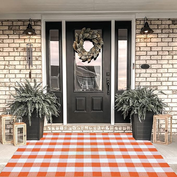 Buffalo Plaid Outdoor Rugs, 4' x 6' Orange and White Checkered Indoor/Outdoor Area Rug, Layering Rug for Hello/Welcome Door Mat, Washable Cotton Woven Farmhouse Mat for Fall Front Porch Décor