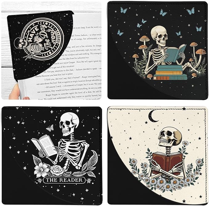 4 Pcs Skull Book Corner Bookmarks, Gothic Skeleton Book Accessories for Book Lovers, Funny Leather Reading Book Page Markers for Women Men Teacher Student Retirement Birthday Gifts