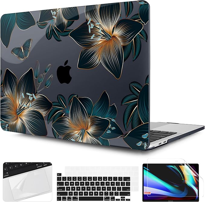 TWOLSKOO Compatible with MacBook Pro 13 inch Case 2023-2016 A2338 M2/M1 A2251 A2289 A2159 A1989 A1706, Plastic Hard Shell Cover & Keyboard Skin & Screen Protector - Golden Lilies