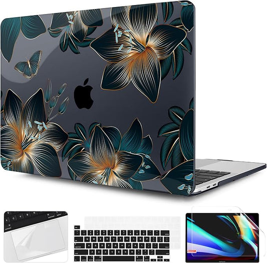 TWOLSKOO Compatible with MacBook Pro 13 inch Case 2023-2016 A2338 M2/M1 A2251 A2289 A2159 A1989 A1706, Plastic Hard Shell Cover & Keyboard Skin & Screen Protector - Golden Lilies