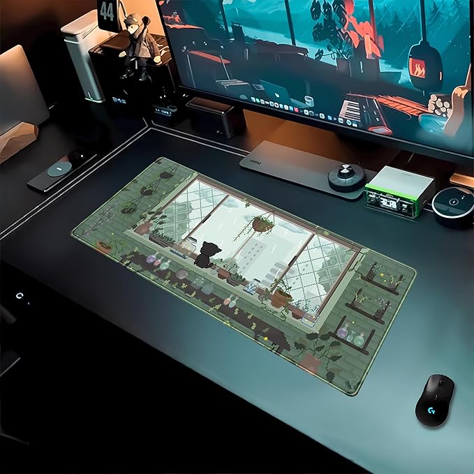 Green Kawaii Desk Mat Mousepad Pixel Plant Mouse Pad Gaming XL Large Desk Pad Anime Cat Desk Matt for Desktop, Computer Laptop Keyboard and Mouse Mat for Women Office Decor Accessories 31.5x11.8 in