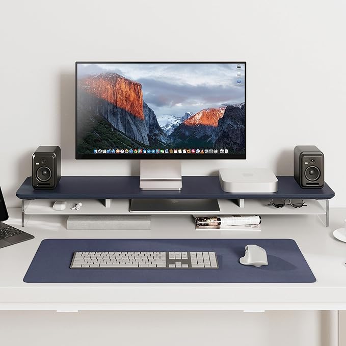 Fenge Acrylic Monitor Stand Riser, 42.5 Inches Dual Monitor Stand with Metal Storage, 2 Tier Acrylic Computer Riser for Desk, Clear Laptop Stand for PC, Laptop, Printer, TV, Blue