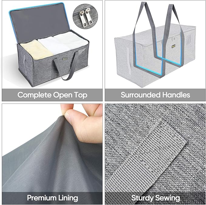 BALEINE Extra Large Storage Tote with Zippers & Carrying Handles, Heavy-Duty Oxford Fabric Moving Bags for Laundry, Space Saving, Storage, Winter Gray