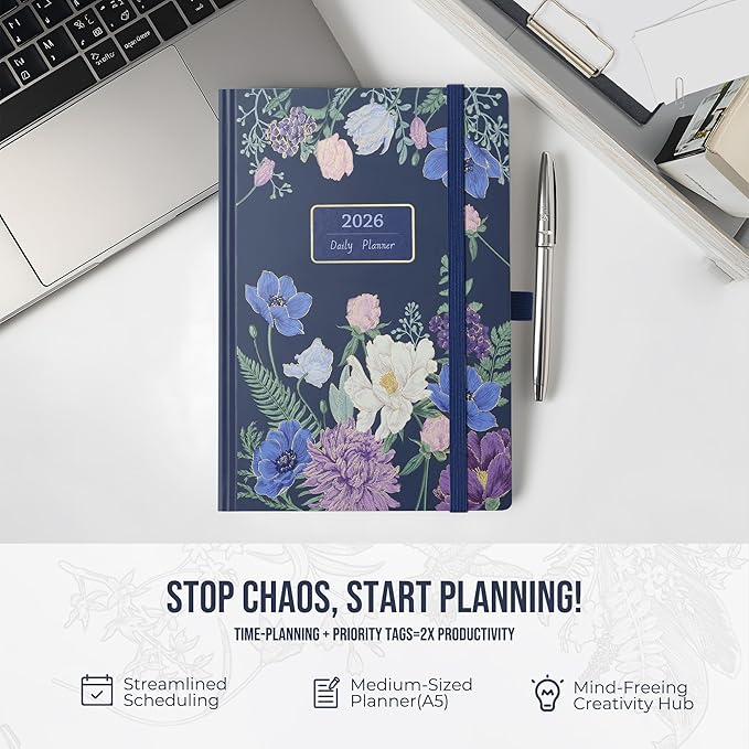 Daily Planner 2026 with One Page Per Day,(A5-8.5" x 5.9"),12 Months Calendar Hourly Appointment Book Monthly Tabs&Self-adhesive Pen Holder,Inner Pocket,3D Designed Flower Cover,Blue