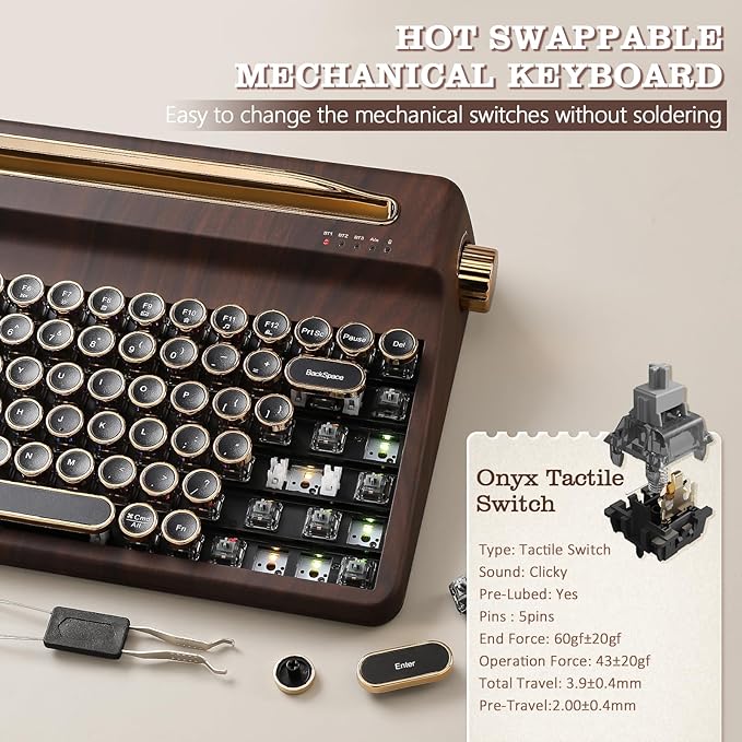 YUNZII QL75 Wireless Typewriter Hot Swap Retro Mechanical Keyboard,Punk Round Keycaps,RGB Backlit QMK/VIA Programmable, Multi-Device Keyboard with 2.4GHz/Type-C/BT5.0 (Wood, Onyx Switch)