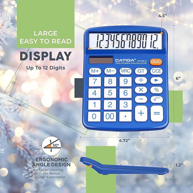 CATIGA Desktop Calculator 12 Digit with Large LCD Display and Sensitive Button, Solar and Battery Dual Power, Standard Function for Office, Home, School, CD-2786