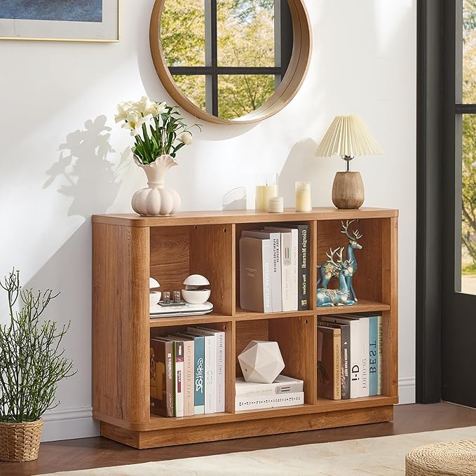 6 Cube Storage Book Shelf, 40" Wide Low Horizontal Bookcase with Curved Edge, Floor Standing 2-Tier Wooden Bookshelf with Base, Modern Short Book Case for Bedroom, Study, Entryway, Brown