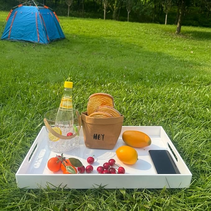 Glossy White Sturdy Acrylic Serving Tray with Handles-12x20 Inch-Serving Coffee Appetizer Breakfast-Kitchen Countertop Makeup Drawer Organizer-Vanity Table Ottoman Decorative Tray