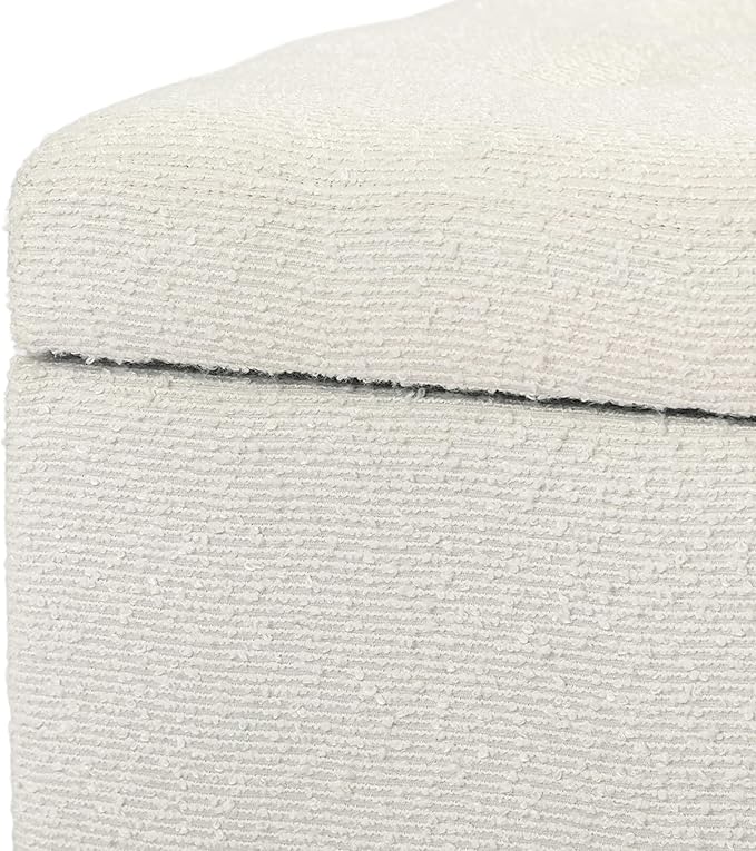 Adeco 18 Inch High Cube Ottoman Storage, Linen Chair Foot Stools, Upholstered Vanity Stool with Hinged Lid, Solid Wood Legs (White Circle Yarn)