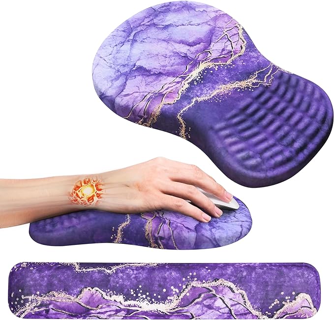 MEKASS Ergonomic Mouse Pad and Keyboard Wrist Rest Set, Super Soft Memory Foam Desk Wrist Support Cute for Computer Keyboard, Non-slip Arm Rests Cushion for Typing Gaming Office Laptop (Purple Marble)