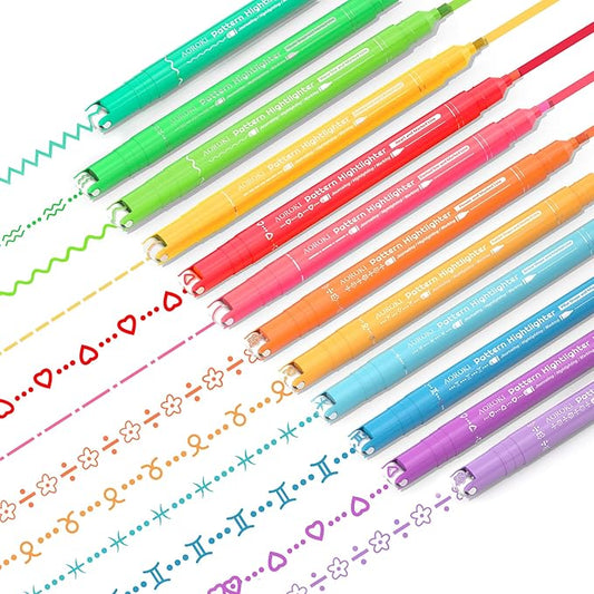 12 Colored Curve Highlighter Pen Set, 10 Different Shapes Dual Tip Marker Highlighters for Journaling Drawing Note Taking,Curve Highlighter pens for Planner Scrapbook School Supplies