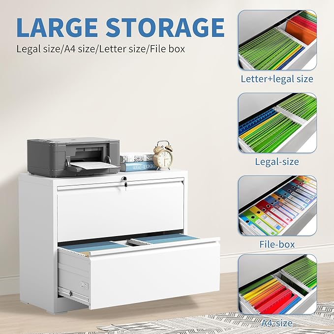 File Cabinets 2 Drawer, Metal Office Storage Filing Cabinet with Lock, White Lateral Filing Cabinet for Home Office,Horizontal Two Drawer File Cabinets for Legal/Letter,Assembly Require,White