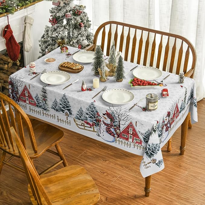 Horaldaily Christmas Tablecloth 60×120 Inch Rectangualr, Winter Snowman House Christmas Trees Whirte Washable Table Cover for Party Picnic Dinner Decor