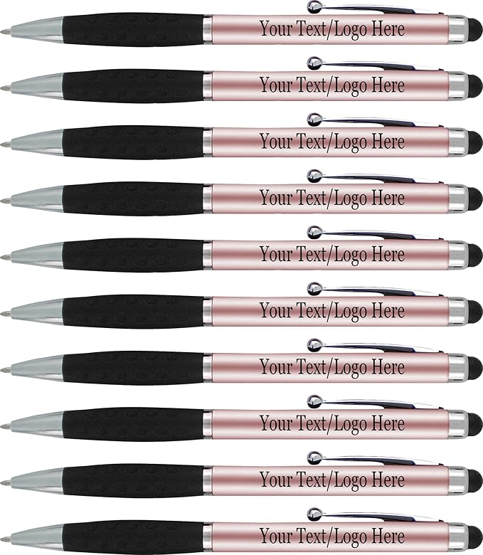 Personalized Pens With your Custom Logo or Text-300 Pack Bulk-for Businesses, Parties, and Events, 2 in 1 Ballpoint Pen & Stylus forTouchscreen Devices, Rose Gold Barrel, Black Ink
