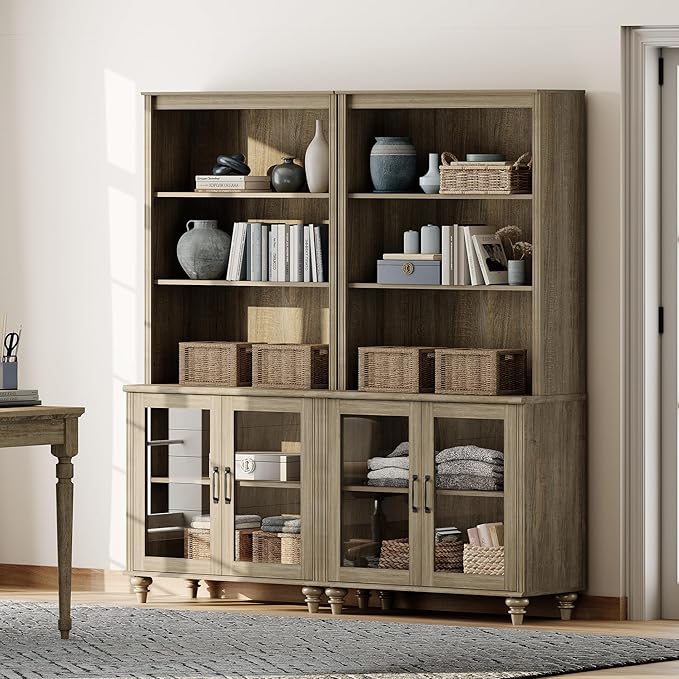 WAMPAT 5 Tier Wooden Bookcase 72" Tall Bookshelf with Glass Doors,Large Farmhouse Display Book Shelf with Adjustable Shelves and Storage Cabinet for Living Room, Study Room, Bedroom, Wash Grey