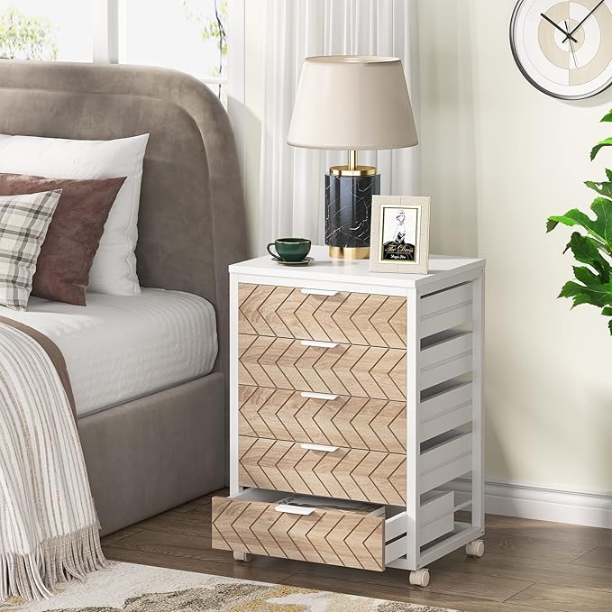 Tribesigns 5 Drawer Chest, Wood Storage Dresser Cabinet with Wheels, Industrial Storage Drawer Organizer Cart for Office Bedroom Entryway (Beige & White, 1 PC)
