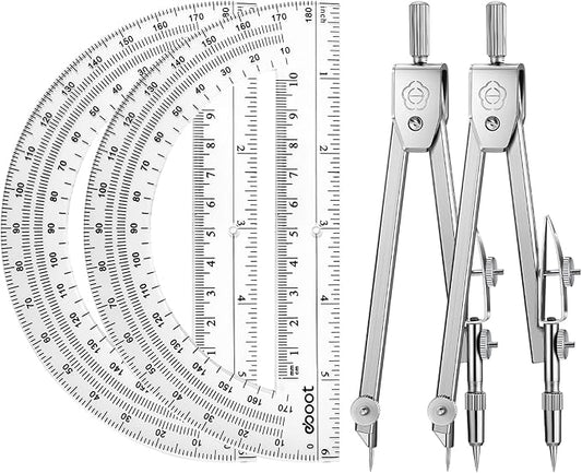 Zonon 2 Set Protractor and Compass Set, Student Geometry Math Set Drawing Compass and 6 Inch Clear Swing Arm Protractors 180 Degree Math Protractor