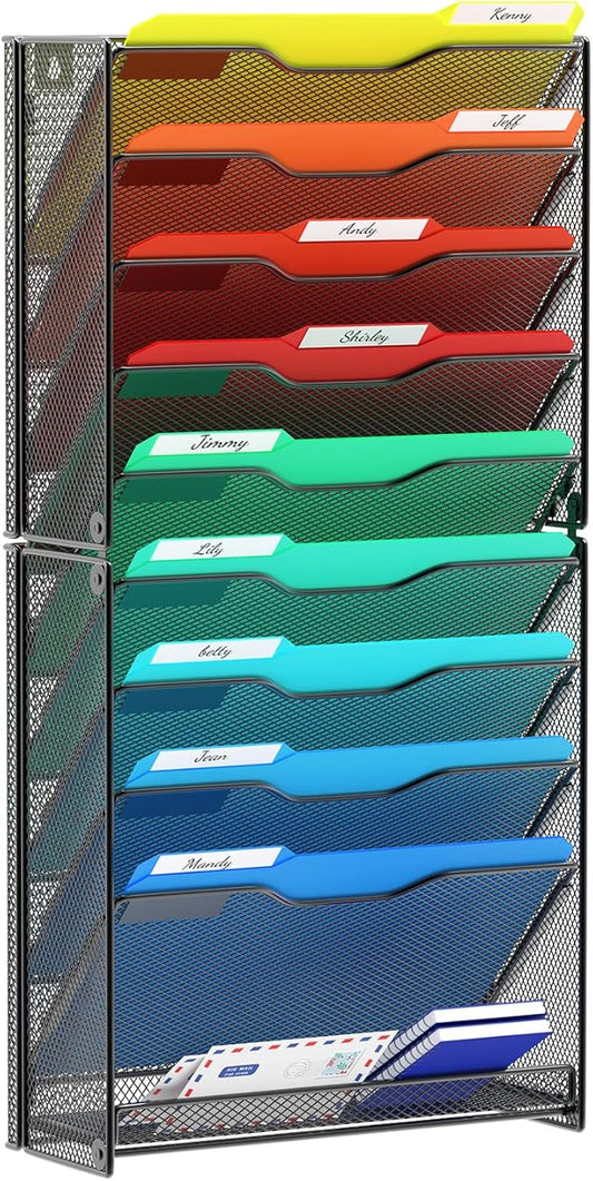 samstar 10 Tier Wall File Organizer, Hanging Wall Mount File Holder Paper Folder Mail Organizer, Mesh Metal, Black.