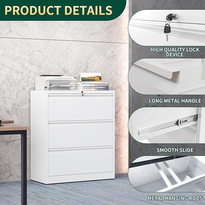 3 Drawer Lateral File Cabinet with Lock, Metal File Cabinets for Home Office, Steel Heavy-Duty Filing Storage Cabinet for Letters/Legal/A4 (Require Assembly, White)