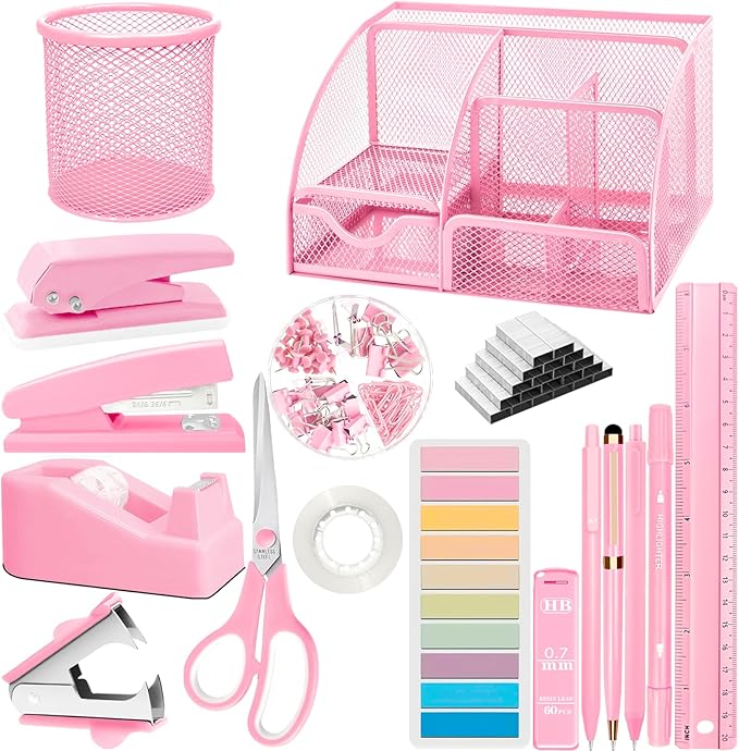 Pink Desk Accessories Set, 17Pcs Pink Office Supplies Kit Include Mesh Desk Organizer, Stapler, Tape Dispenser, Staple Remover, Pen Holder, Clips, Pens, Ruler, for Office Home School Women