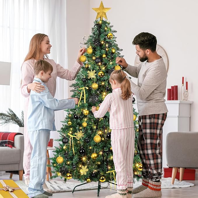 86Pcs Led Light Black and Gold Christmas Tree Decorations Set 100 Led Light Christmas Star Trees Topper with String Lights Xmas Balls Snowflakes Ornaments Bows Xmas Trees Decor 20m Light String