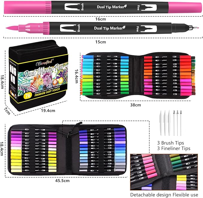 76 Colors Dual Tip Brush Pens with Brush Tip and Fine Tip for Artists Adult, Coloring Markers for Adult Coloring Books Professional Marker Set for Note Taking and Lettering