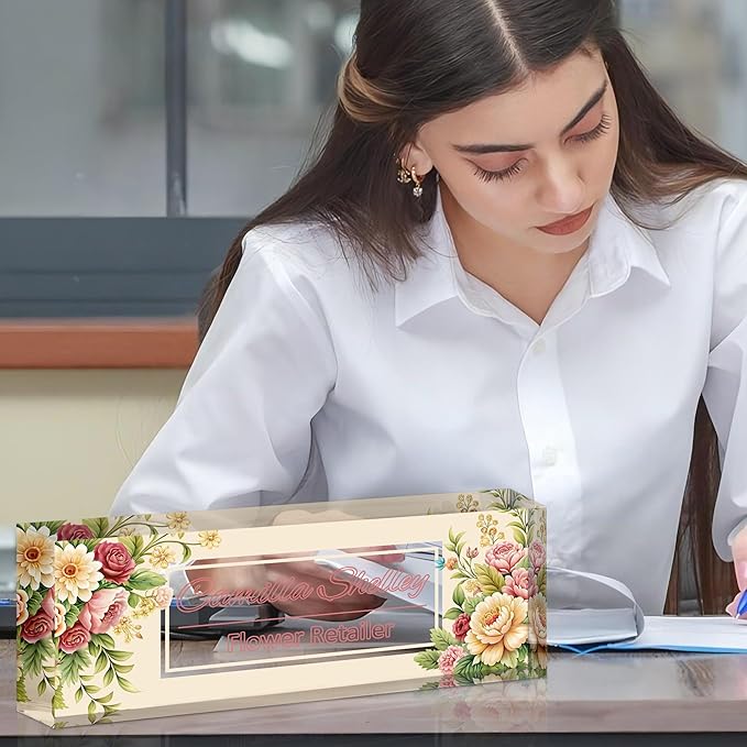 Ship Next Day Personalized Name Plate for Desk, Custom Acrylic Desk Name Sign, Office Appreciation Gifts for Women Men Coworkers Boss Teacher Employee (Flower-Rose)