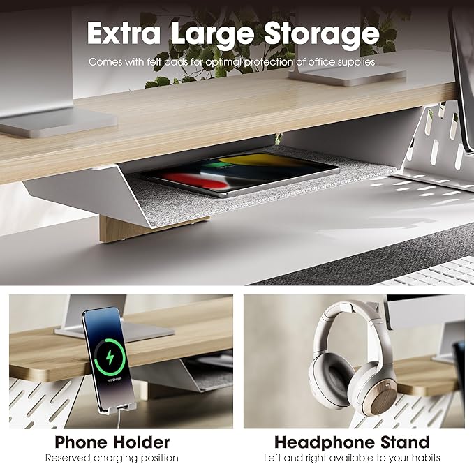 Fenge Dual Monitor Stand, 42.5 Inch Monitor Riser for Desk, Wood Desk Shelf for 2 Monitors, 2 Tier Monitor Shelf with Headphone Stand & Phone Holder