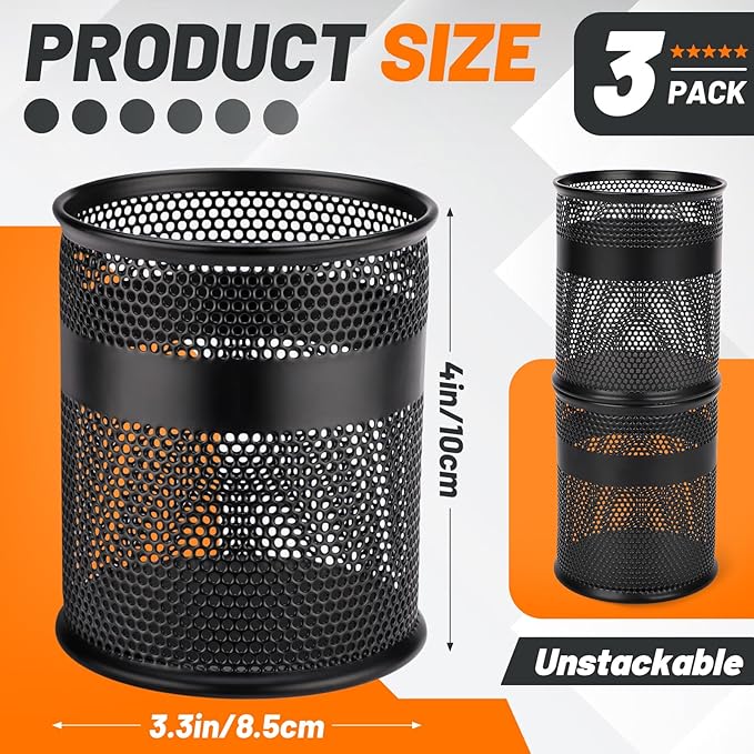 Segarty Pen Holder for Desk, 3 Pack Black Pencil Cup Holder, Metal Desktop Pens Organizer, 3.3 x 3.9 inch Pencils Cups for Office Supplies Organization, School Classroom, Home Brush Storage