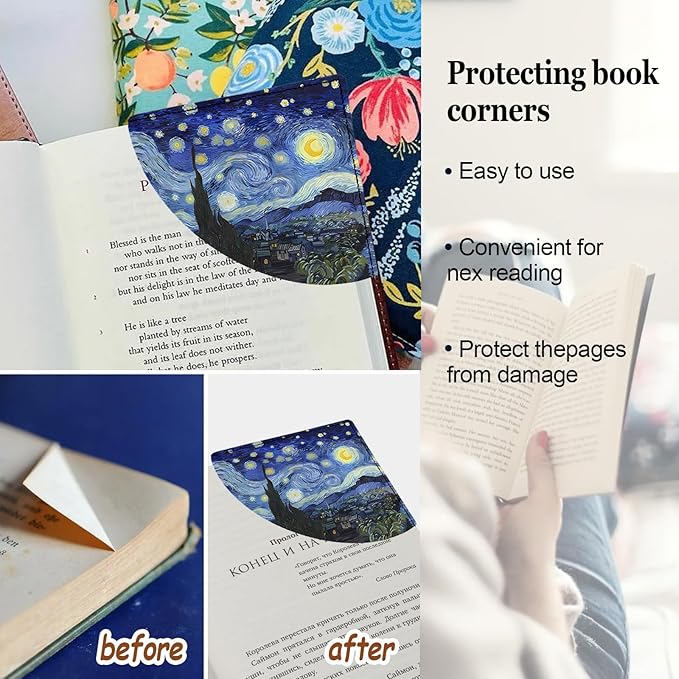 4 Pcs Van Gogh Corner Bookmarks, Oil Painting Vintage Floral Leather Book Accessories for Book Lovers, Cute Flower Reading Book Page Markers for Women Girls Men Teacher Student Boys Kids Gifts