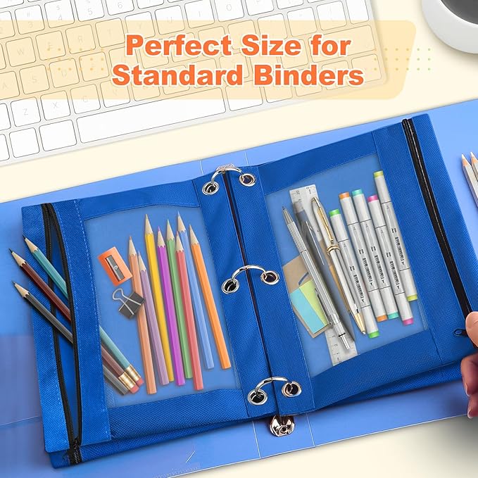 Shemira Pencil Pouch for 3 Ring Binder, Binder Pencil Pouch with Smooth Zipper, Clear Window Pencil Case for Binder, Zipper Pencil Pouches, Big Capacity 3 Ring Binder Pencil Bag, Azure Blue