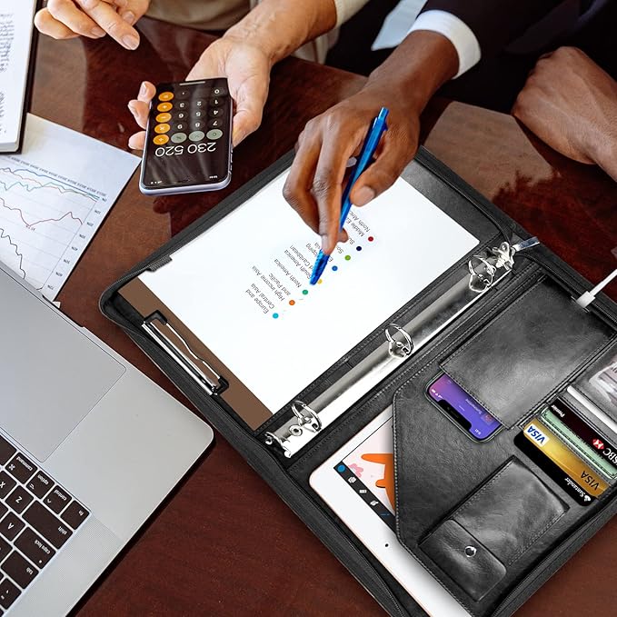 Zippered Portfolio Organizer, WRIYES Leather Padfolio with 3 Ring Binder, Professional Business Binder, Organizer for IPad/Document, Phone & Business Cards, Office Gifts for Men or Women (Black)