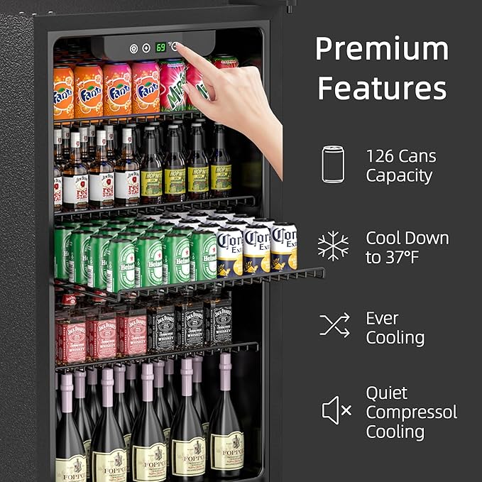 Compact Freestanding Beverage Refrigerator,126 Can/3.2 Cubic FeetMini Fridge with Reversible Glass Front Door for Soda, Beer, or Wine, Under Counter Drink Refrigerator with Adjustable Shelves