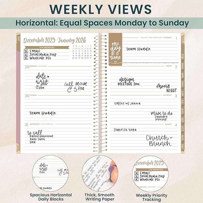 bloom daily planners HARDCOVER 2026 Planner (January to December) - A5 Task Goal Organizer - Monthly & Weekly Inspirational Agenda Book - 5.5" x 8.25" - Linen, Pink