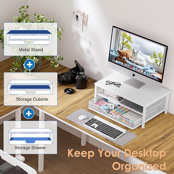 OPNICE Computer Monitor Stand Riser, Desk Organizers and Accessories with Drawer, Laptop Stand, Office Desk Accessories & Workspace Desktop Organizers Storage for Office Supplies(White)