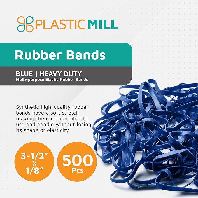 PlasticMill Blue Rubber Bands Size 33 (3 1/2" x 1/8") - #33 Colored Rubber Bands Office Supplies - Strong, Elastic Bands for Crafts, Balloon Garland, Cash, File Folders (500-Pack)