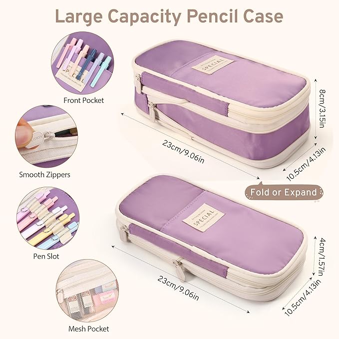 DazSirit 62 PCS Aesthetic School Supplies with Foldable Pencil Case, 12 Pastel Highlighters, 4 Erasable Pens, 5 Gel Pens, 6 Mechanical Pencils, Sticky Notes, Complete Stationery Kit, Purple