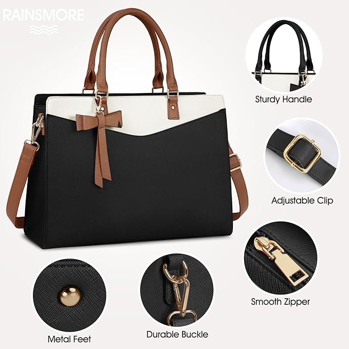 RAINSMORE Laptop Bag for Women 15.6 Inch PU Leather Tote Bag Professional Business Office Work Bag Waterproof Briefcase Computer Tote Bag Large Capacity Lightweight Handbag Shoulder