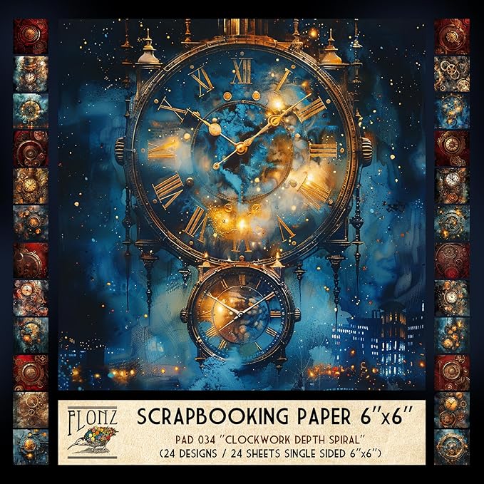 FLONZ Scrapbook Paper (24 sheets 6"x6") Clockwork Depth Spiral ~ Steampunk-inspired mechanical collages featuring gears, dials and clock faces in textured digital painting and photomontage technique
