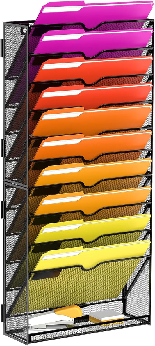 11-Tier Wall File Organizer Hanging File Holder Mail Organizer for Papers, Folders, Document, Mesh Magazine Rack for Office Home School, Black