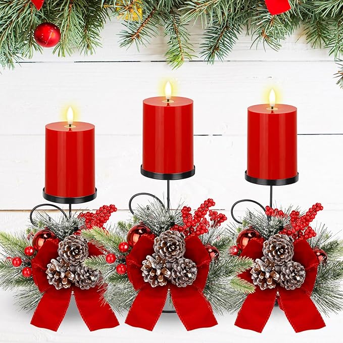 Yunlly Set of 3 Christmas Centerpiece Candleholder with Flameless Candlelights, Xmas Ball Adorned Candelabrum for Xmas Family Party Holiday Table Mantle Decoration