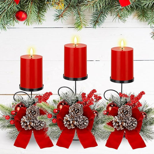 Yunlly Set of 3 Christmas Centerpiece Candleholder with Flameless Candlelights, Xmas Ball Adorned Candelabrum for Xmas Family Party Holiday Table Mantle Decoration