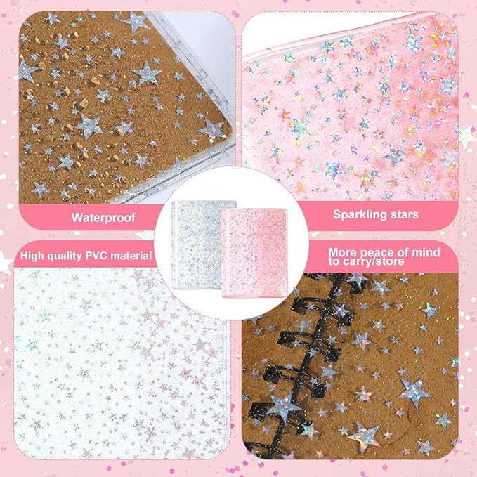 2 Pcs Glitter Star Jelly Cover for Planners and Notebooks Planner Protective Sleeve Glitter Star Cover for Week Planner Notebooks Journal(Transparent and Pink,B6)