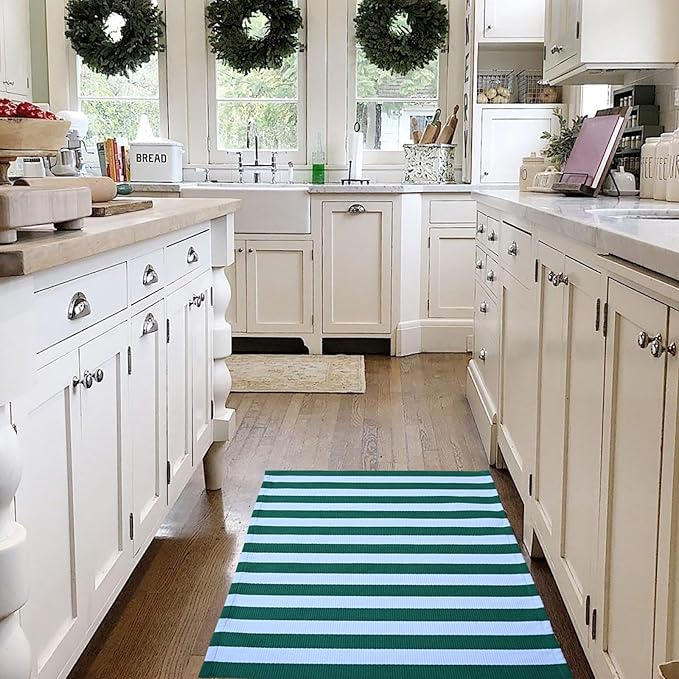 CAINANEL Christmas Outdoor mat 27.5"x43" Green and White Striped Outdoor Rug Front Porch Rug,Christmas Home Decor, Layerd Welcome Doormat for Front Porch Decor, Front Door, Farmhouse Decor
