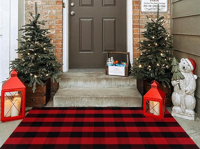 Ckorzen Red and Black Plaid Rug, 3' x 5' Christmas Front Porch Outdoor Rug, Handwoven Cotton Washable Rug for Layered Door Mats, Holiday Entryway and Home Décor