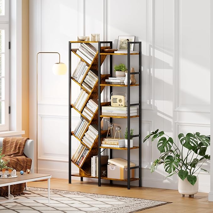 5-Tier Double Wide Bookshelf 67" , Industrial Tree BookShelves, Vintage Storage Rack with 14 Open Shelves, Large Bookcase, Wooden and Metal Bookshelves, Wide Display Rack for Home Office Decorative
